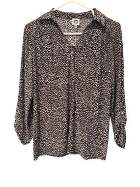 Anne Klein Leopard Animal Print Blouse Roll Tab Sleeve Size S